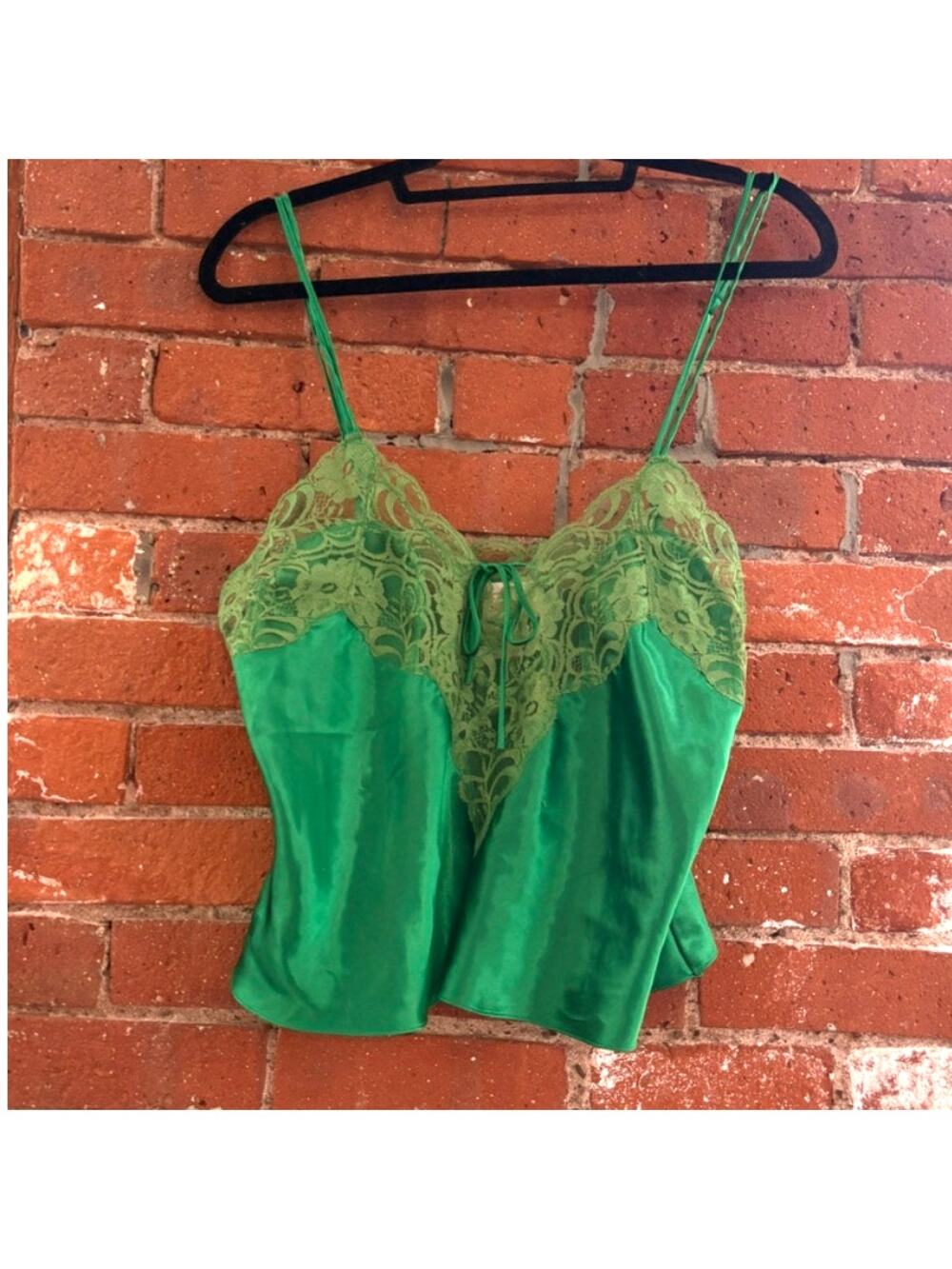 Vintage Victoria's Secret Green Satin & Lace Slip Top Sz M 90s y2k